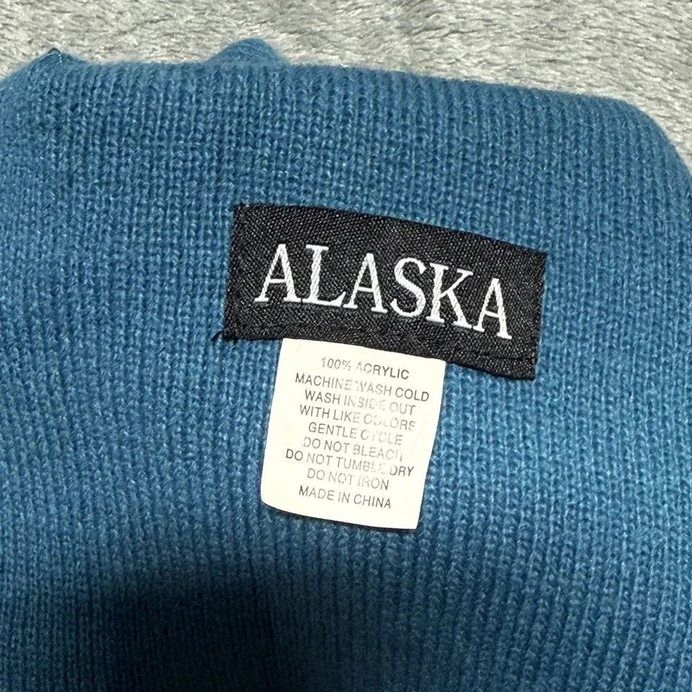 Alaska Last Frontier Beanie Hat Blue Knit Leather Patch Winter‎ Cap One Size